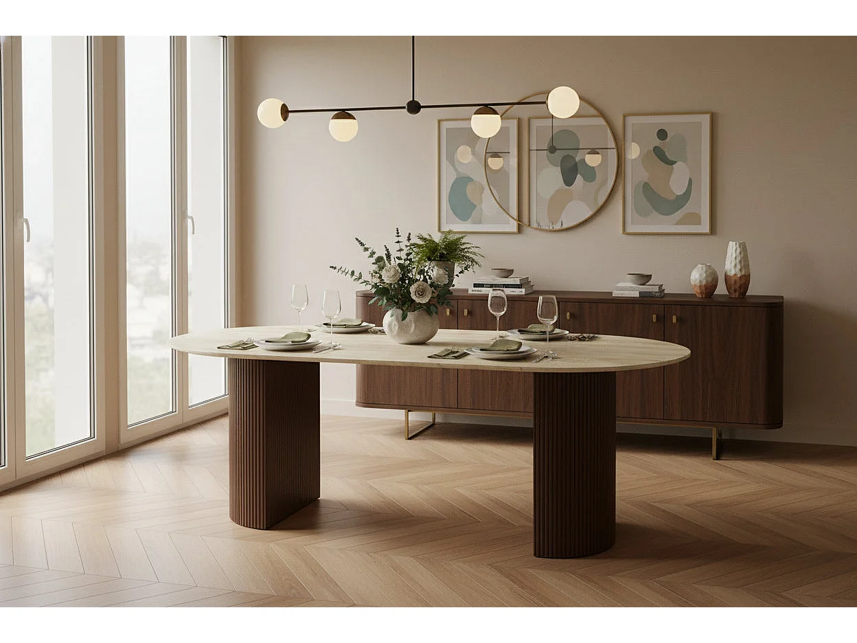 Table à Manger – Pieds Métal Effet Noyer – Plateau Céramique Travertin – 180 cm