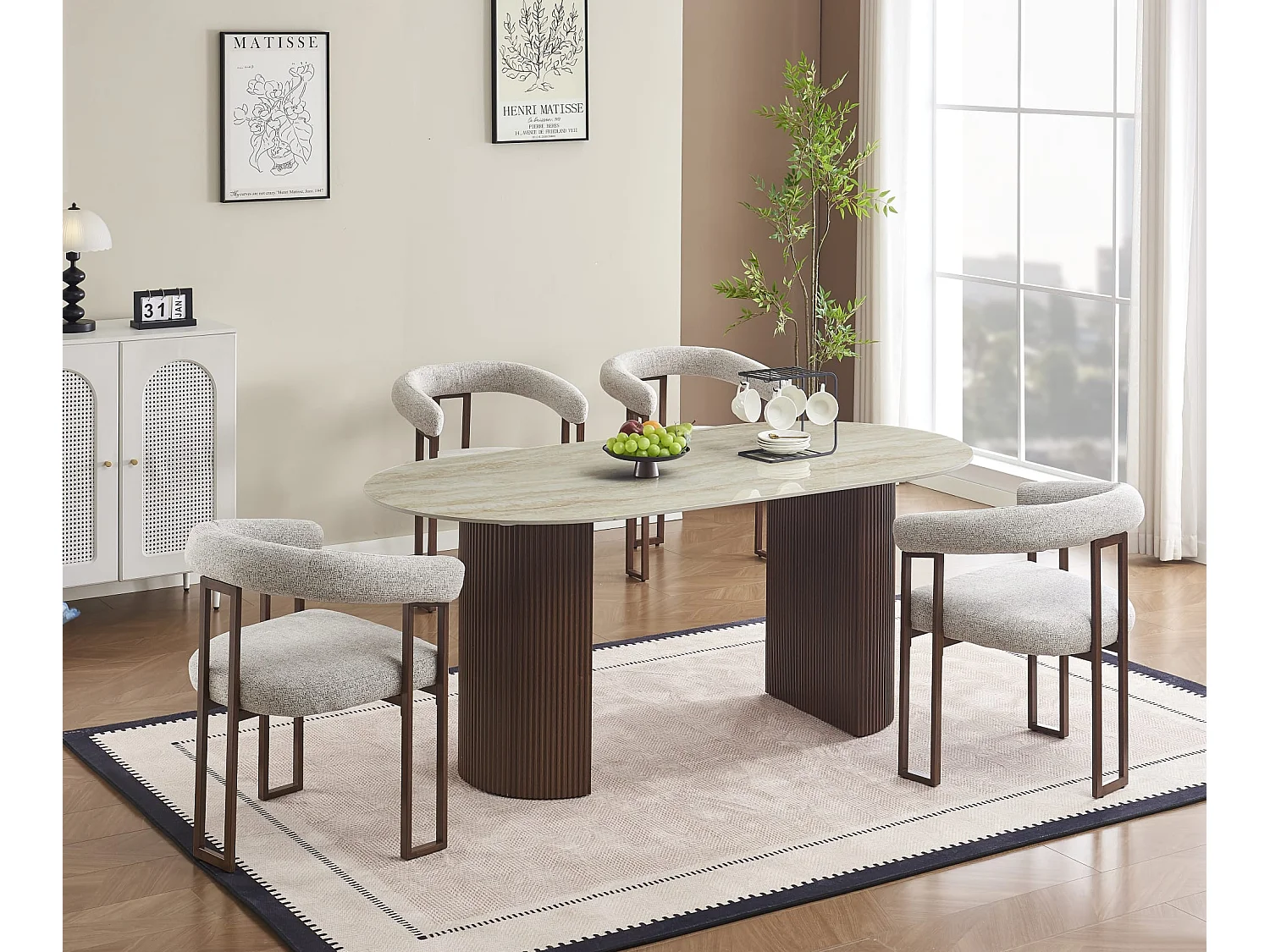 Table à Manger – Pieds Métal Effet Noyer – Plateau Céramique Travertin – 180 cm