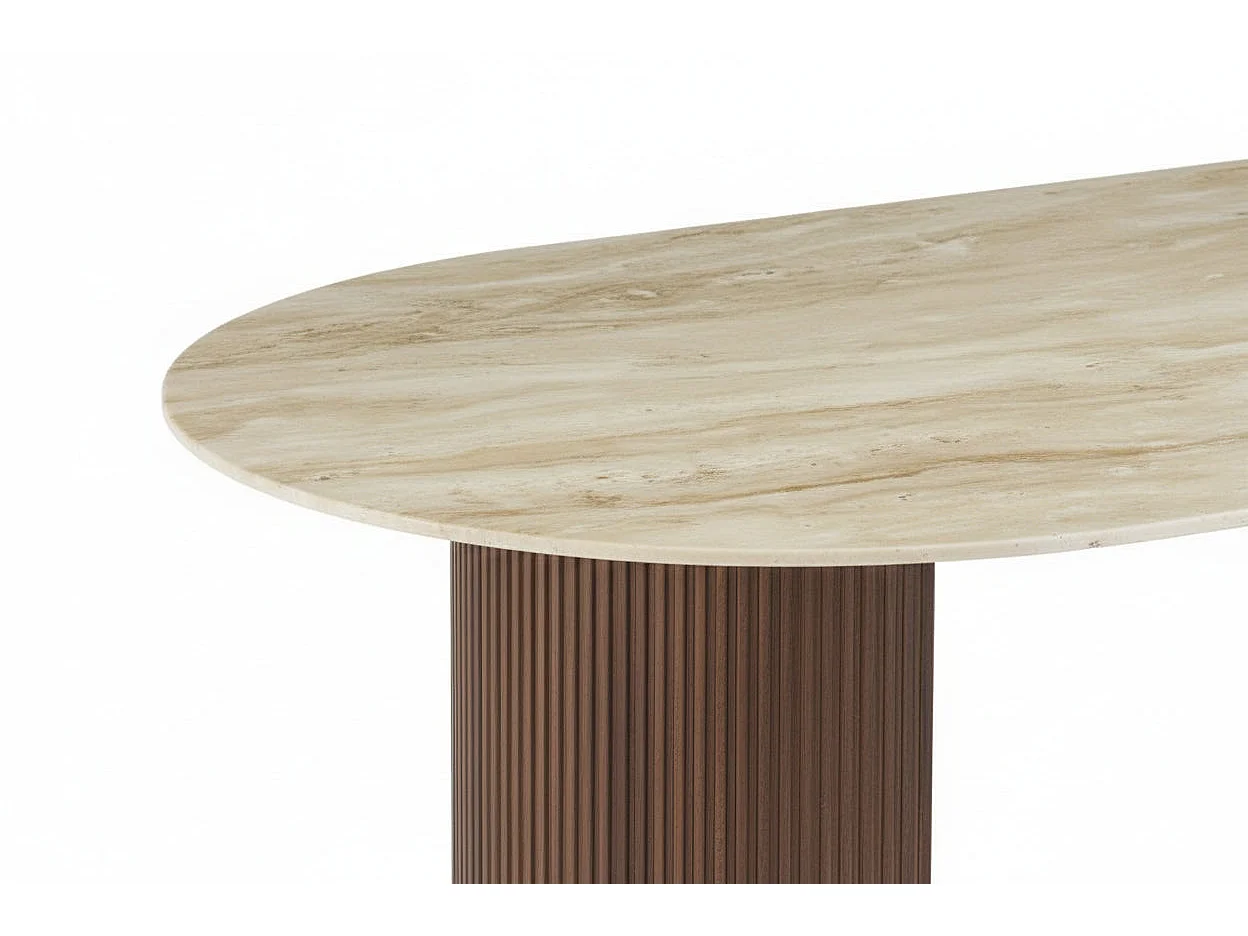 Table à Manger – Pieds Métal Effet Noyer – Plateau Céramique Travertin – 180 cm