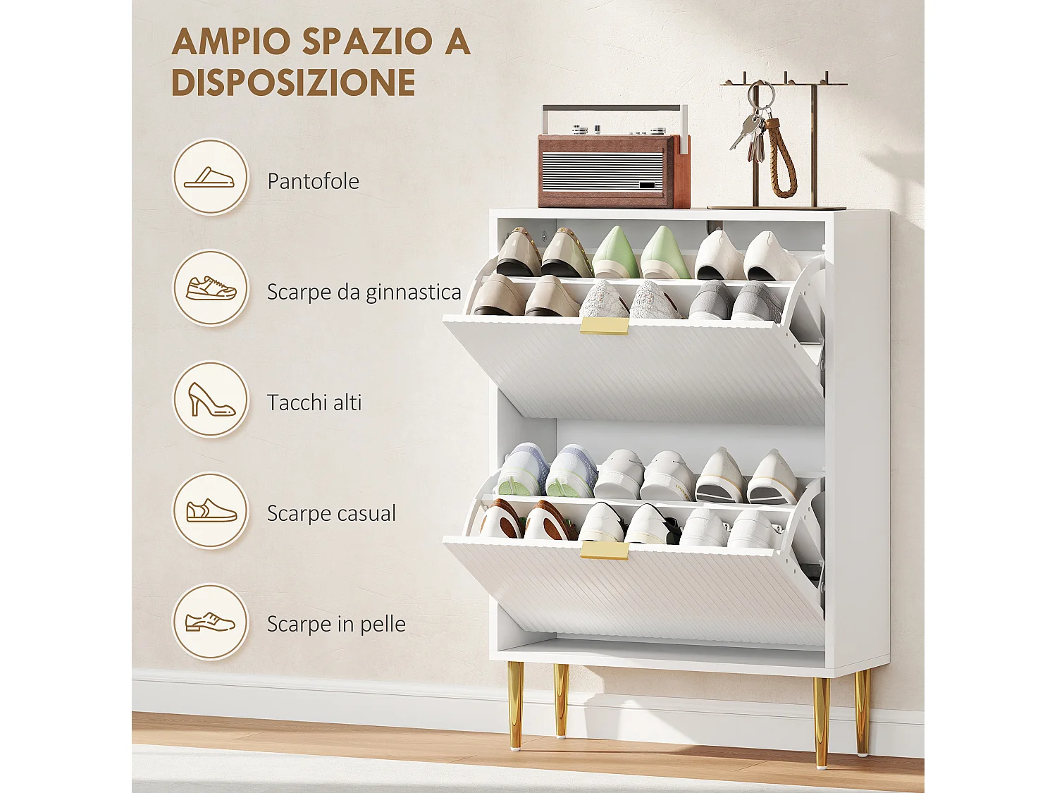 Scarpiera per 12 paia di scarpe con 2 cassetti a ribalta bianco