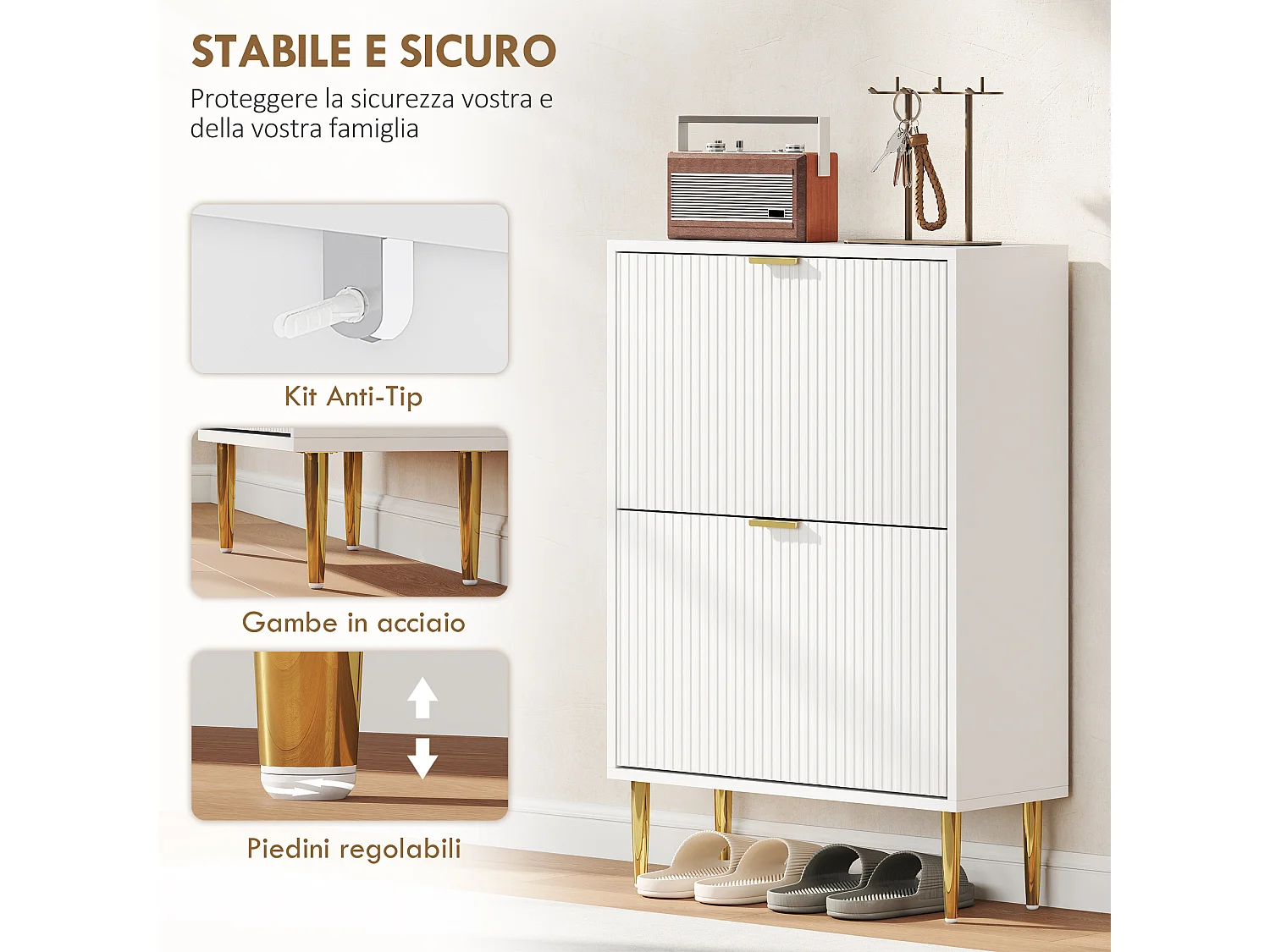 Scarpiera per 12 paia di scarpe con 2 cassetti a ribalta bianco