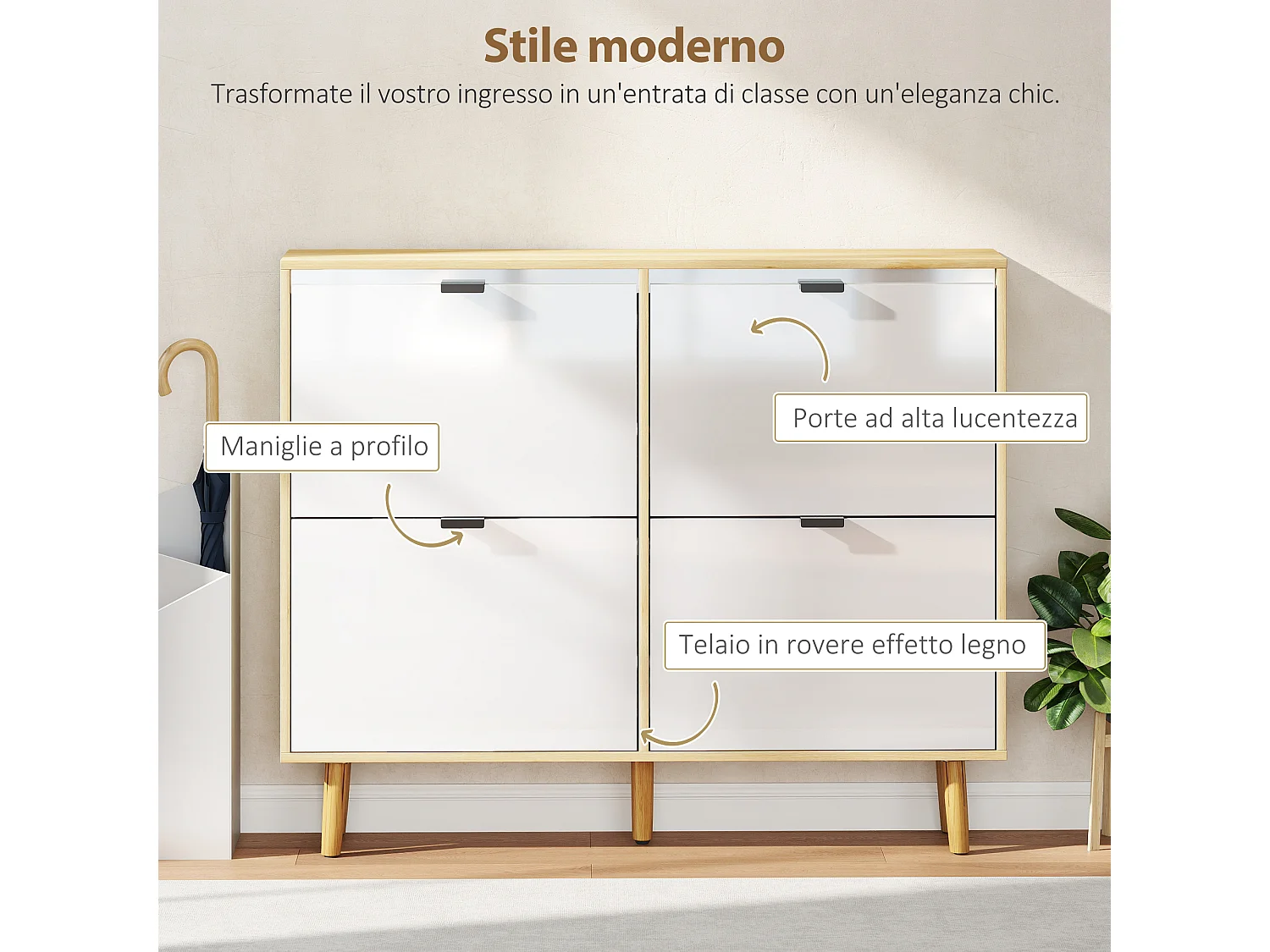 Scarpiera slim moderna 4 cassetti a ribalta 20 paia di scarpe bianco