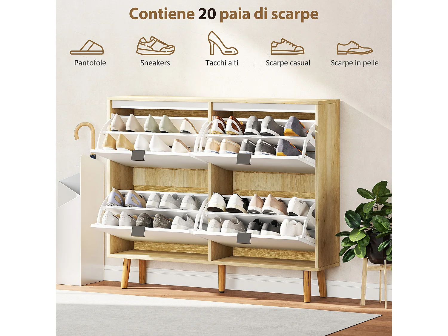 Scarpiera slim moderna 4 cassetti a ribalta 20 paia di scarpe bianco