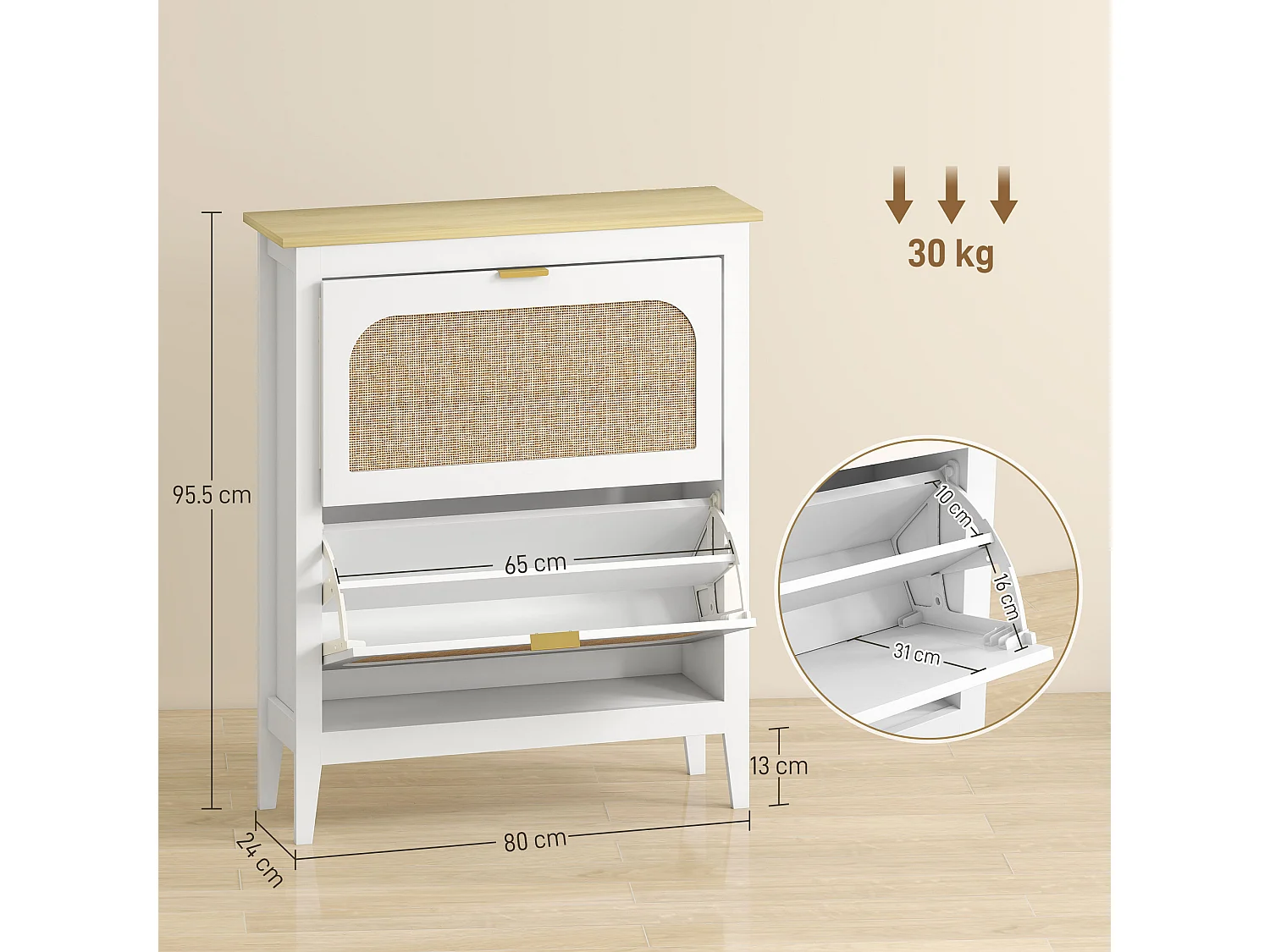 Scarpiera slim boho 2 cassetti a ribalta per 14 paia di scarpe bianco