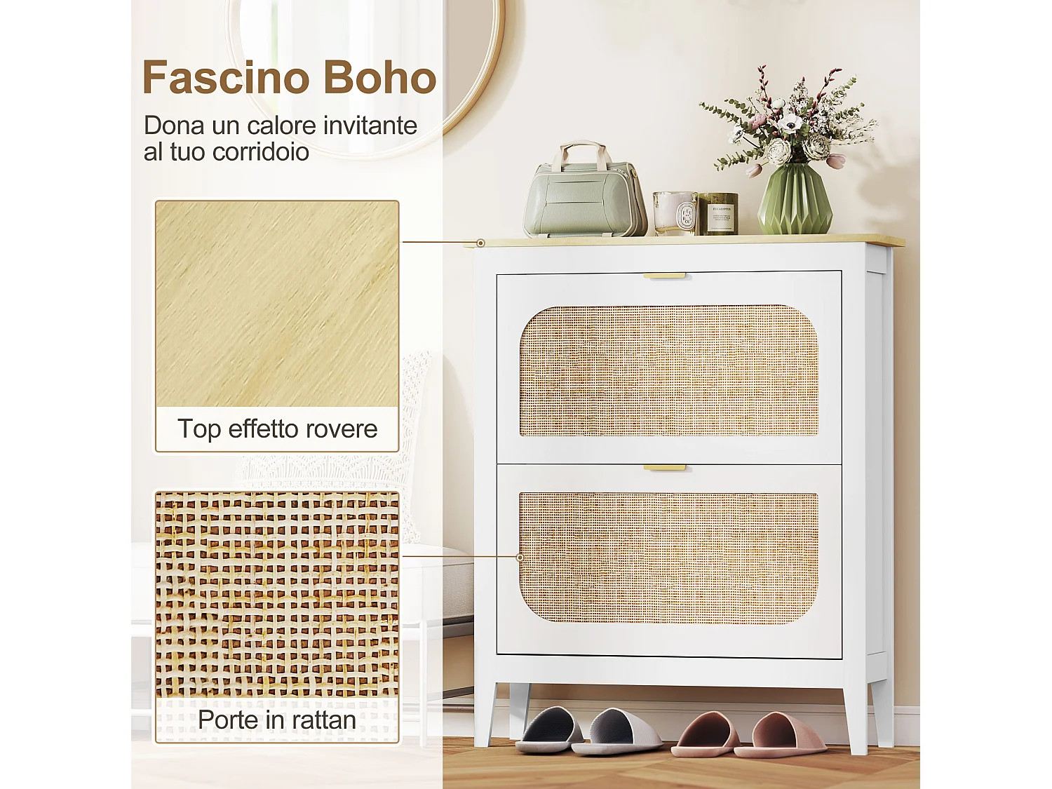 Scarpiera slim boho 2 cassetti a ribalta per 14 paia di scarpe bianco