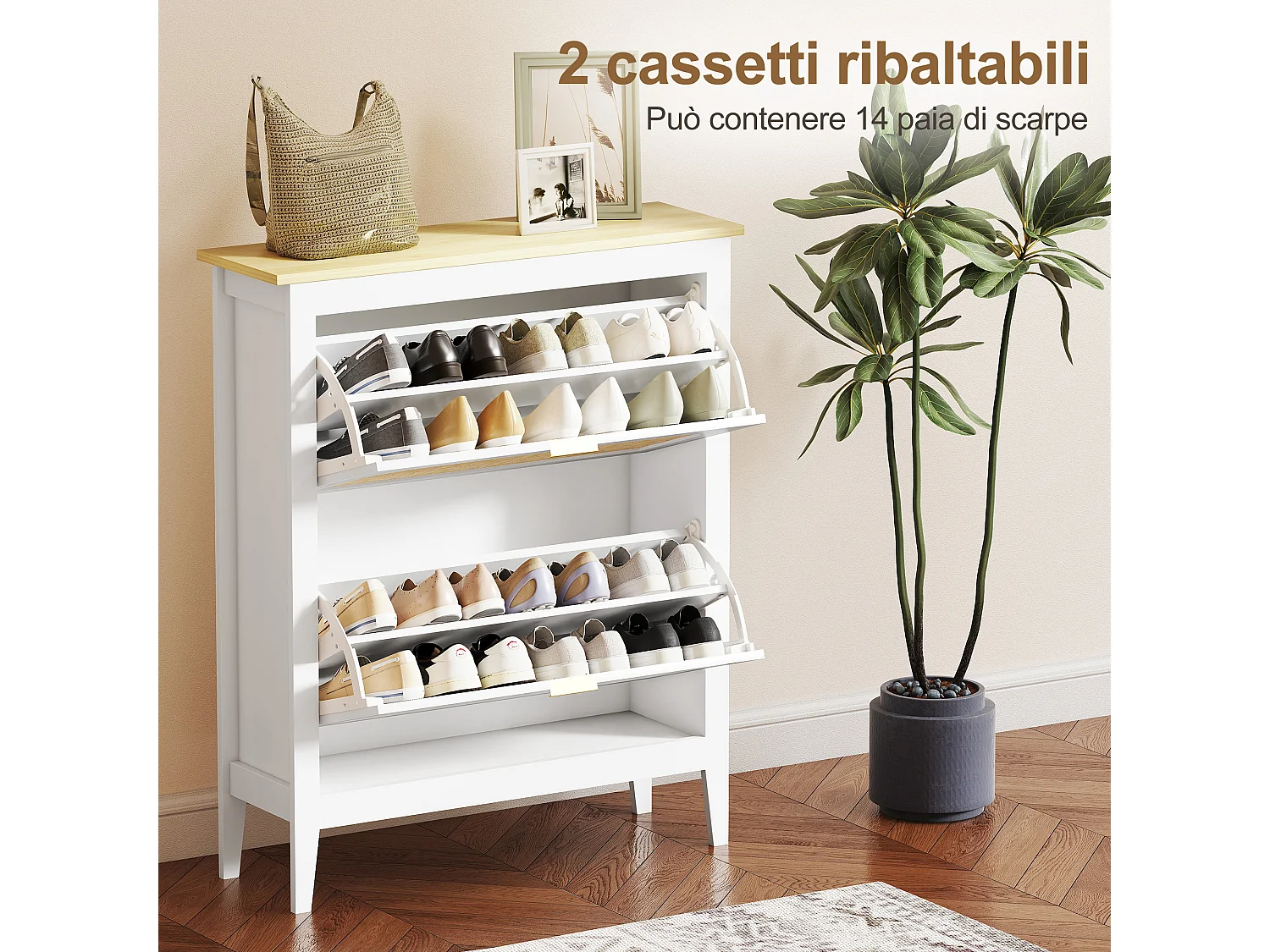 Scarpiera slim boho 2 cassetti a ribalta per 14 paia di scarpe bianco