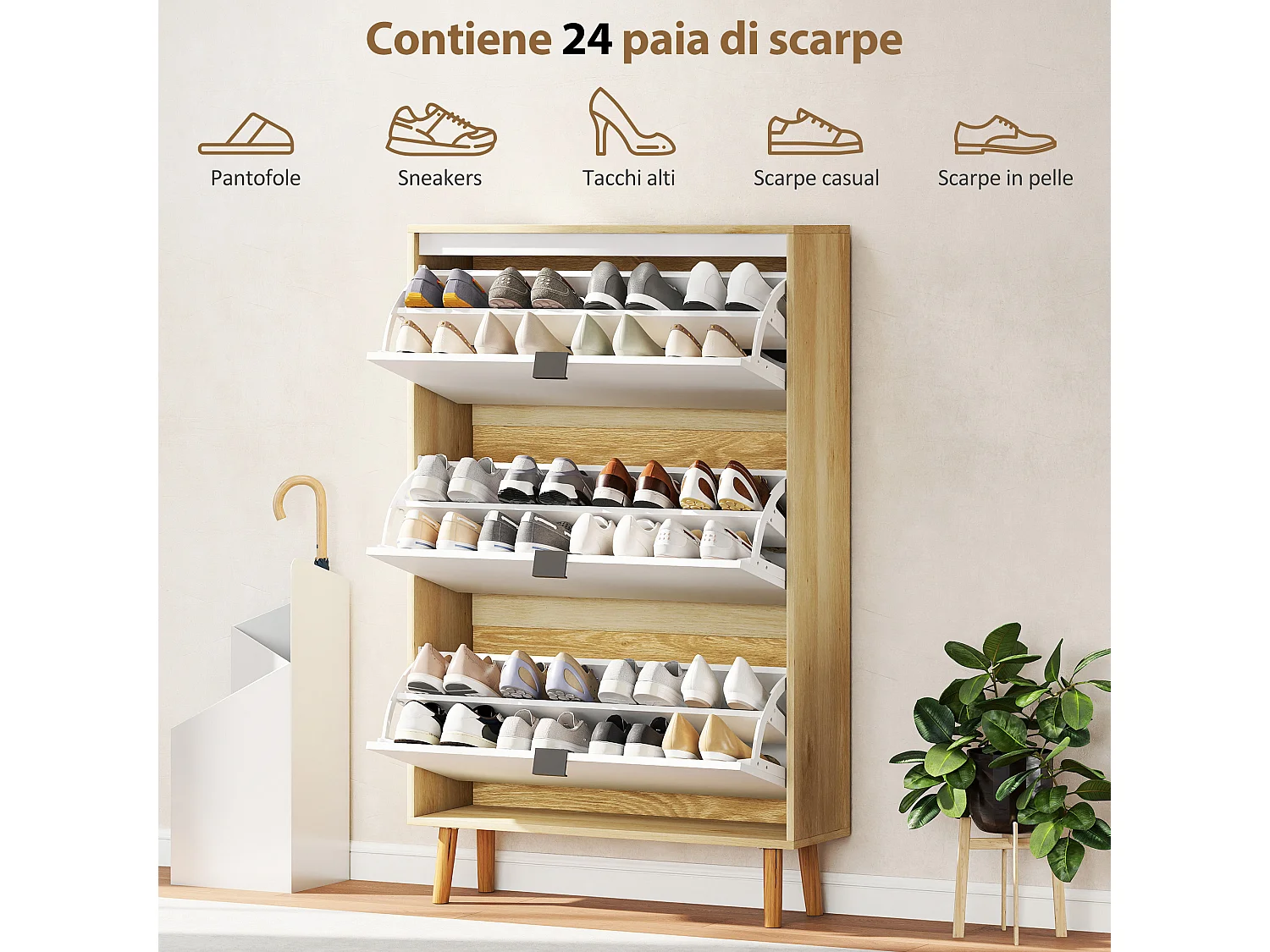 Scarpiera slim moderna 3 cassetti a ribalta 24 paia di scarpe bianco