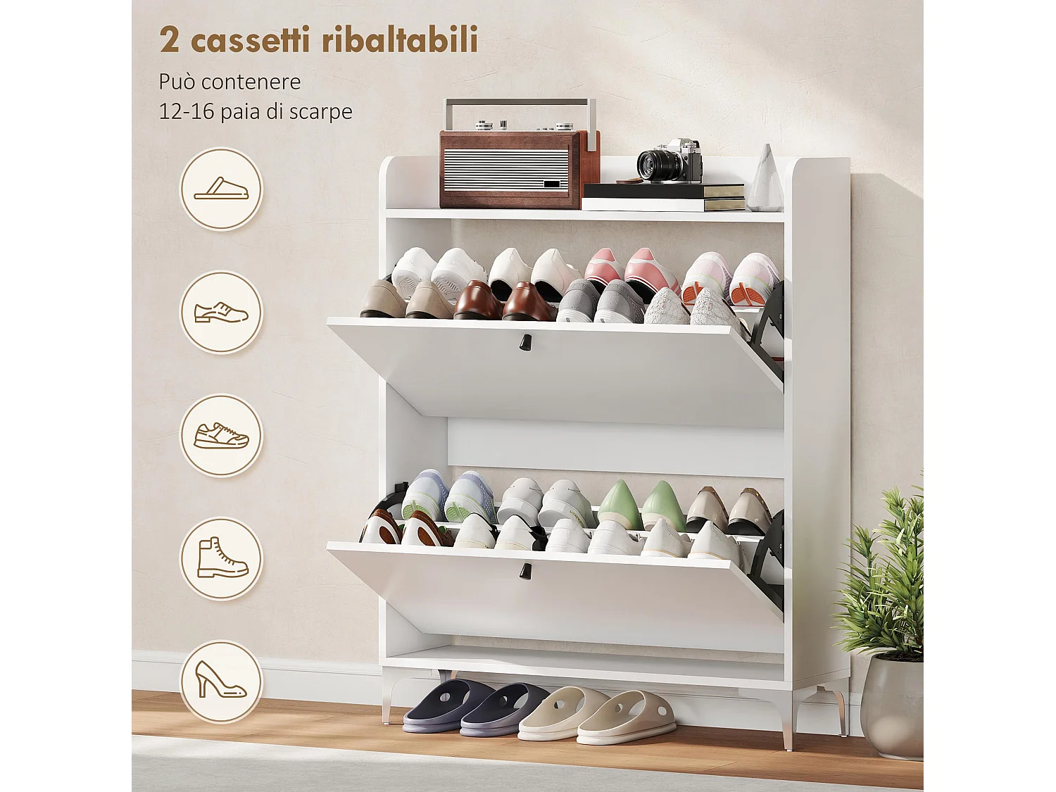 Scarpiera salvaspazio slim con 2 ante a ribalta scarpiera ingresso con ripiani regolabili