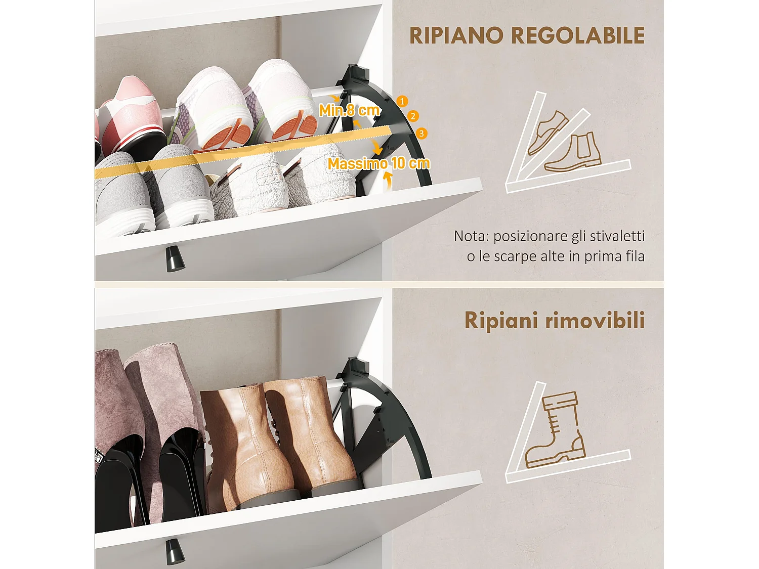 Scarpiera salvaspazio slim con 2 ante a ribalta scarpiera ingresso con ripiani regolabili