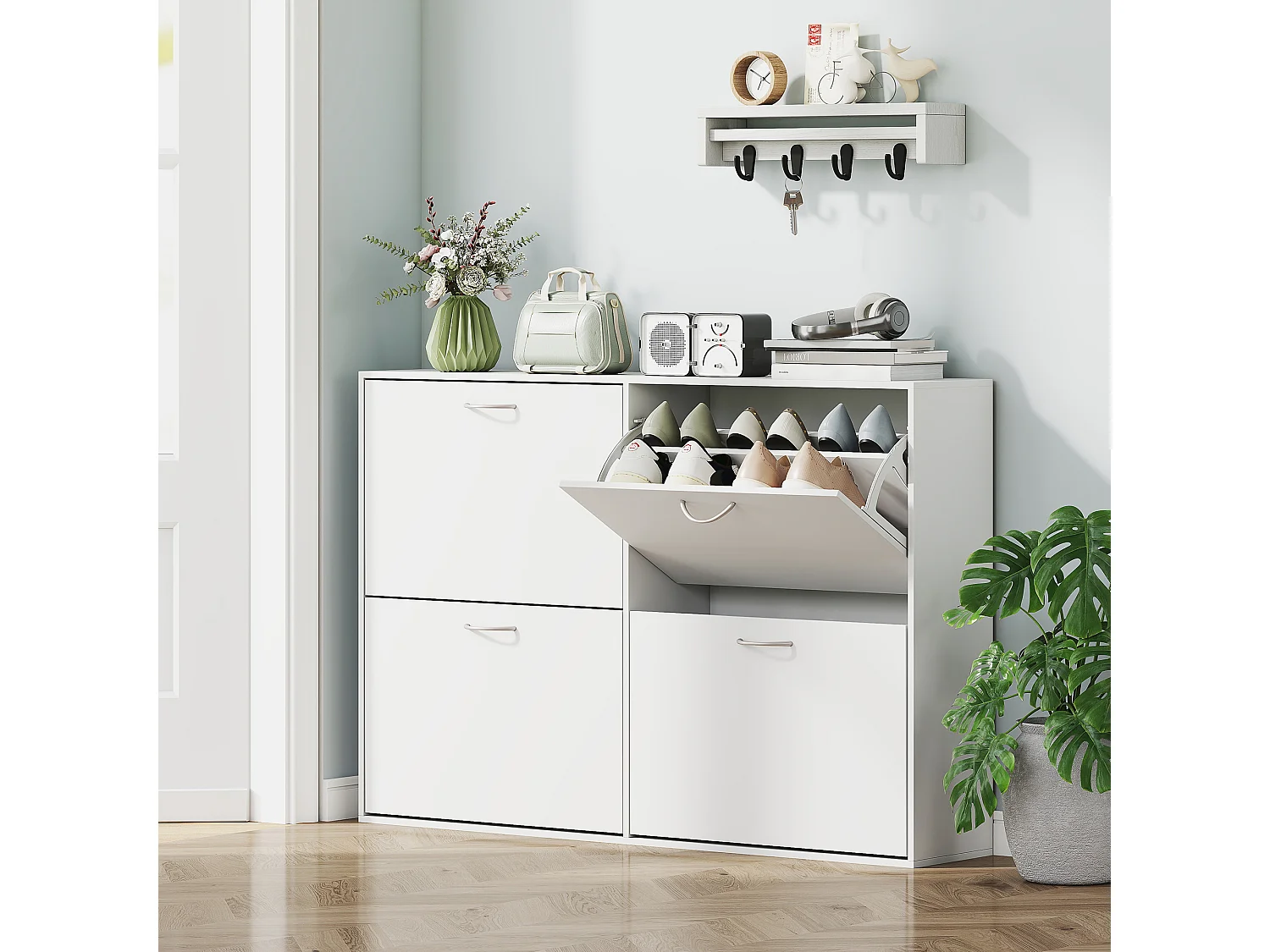 Scarpiera salvaspazio slim in legno per 16-24 paia con 4 ante bianco