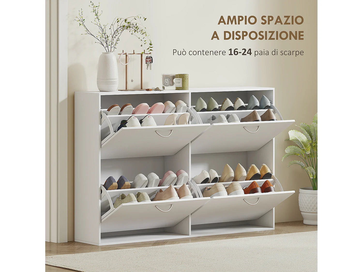 Scarpiera salvaspazio slim in legno per 16-24 paia con 4 ante bianco