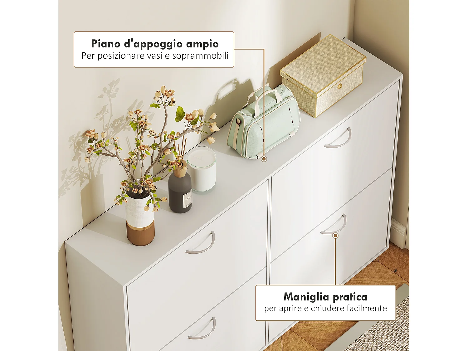 Scarpiera salvaspazio slim in legno per 16-24 paia con 4 ante bianco