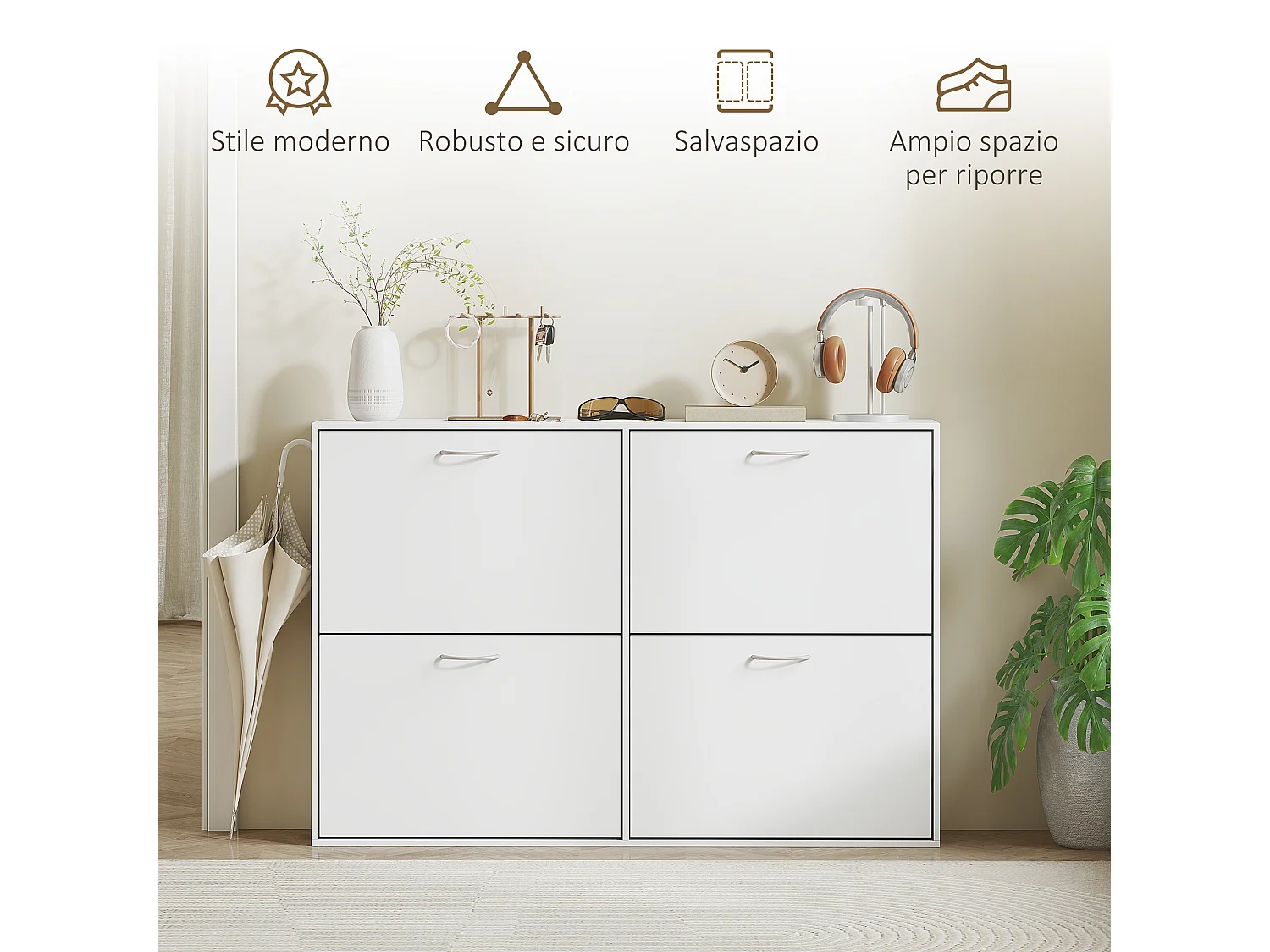 Scarpiera salvaspazio slim in legno per 16-24 paia con 4 ante bianco