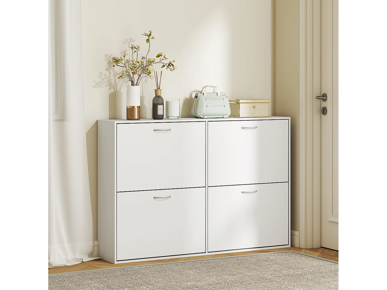 Scarpiera salvaspazio slim in legno per 16-24 paia con 4 ante bianco