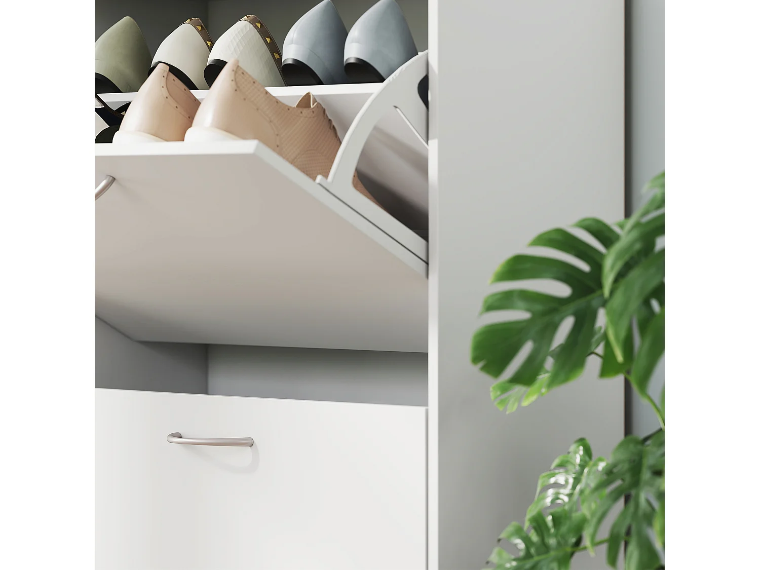 Scarpiera salvaspazio slim in legno per 16-24 paia con 4 ante bianco