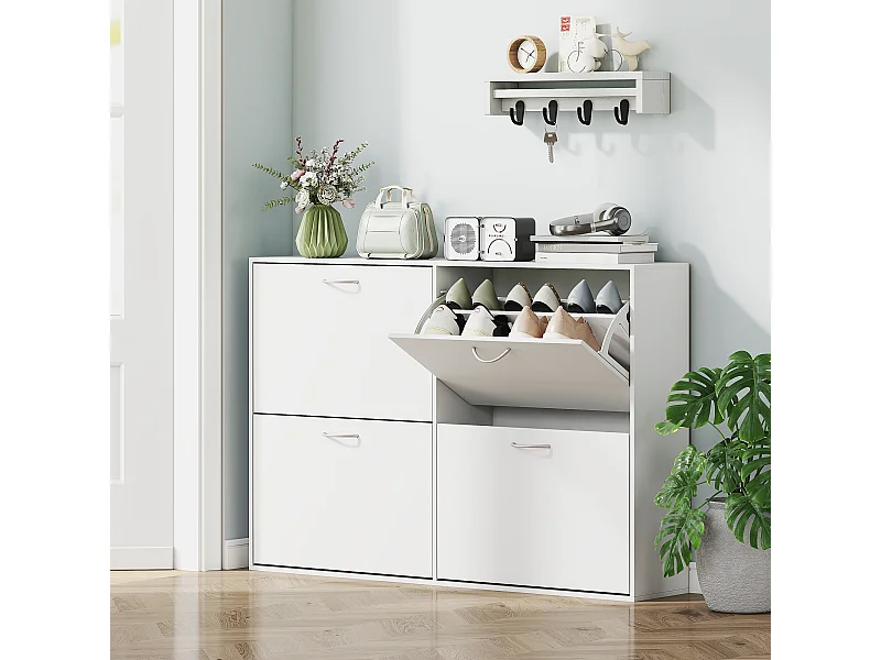 Scarpiera salvaspazio slim in legno per 16-24 paia con 4 ante bianco