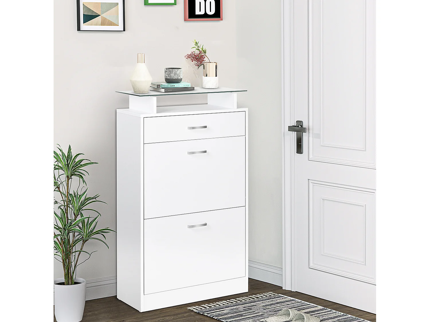 Mobile scarpiera in legno bianco con 2 ante cassetto e ripiano