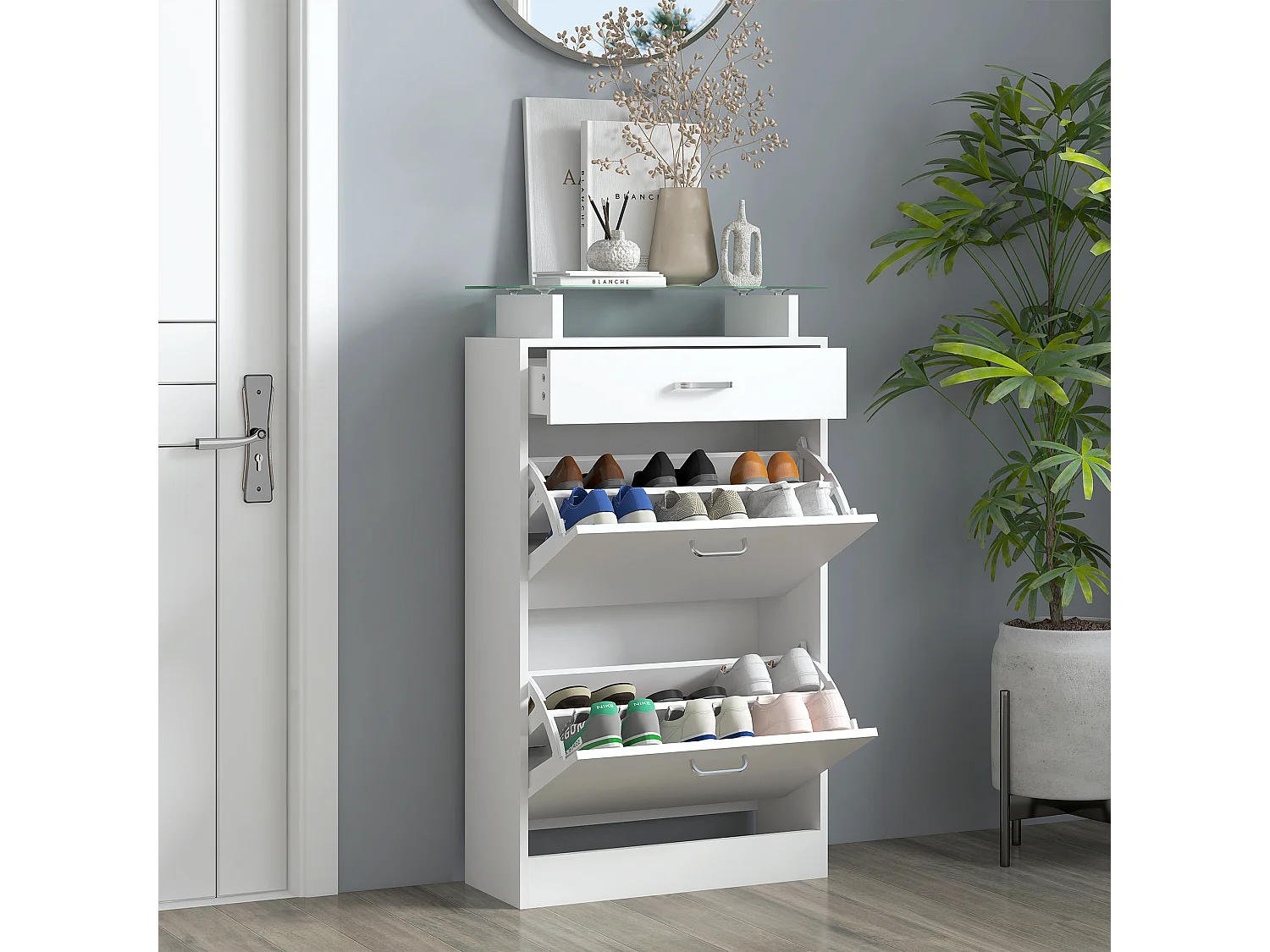 Mobile scarpiera in legno bianco con 2 ante cassetto e ripiano