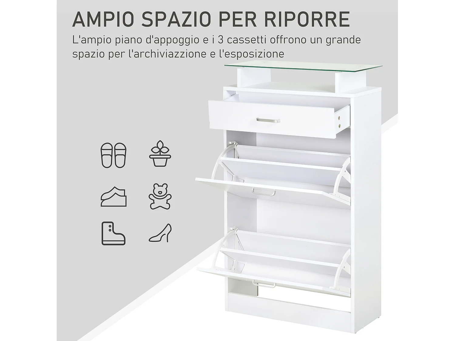 Mobile scarpiera in legno bianco con 2 ante cassetto e ripiano