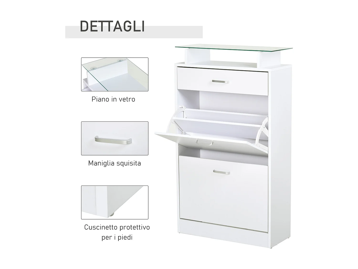 Mobile scarpiera in legno bianco con 2 ante cassetto e ripiano