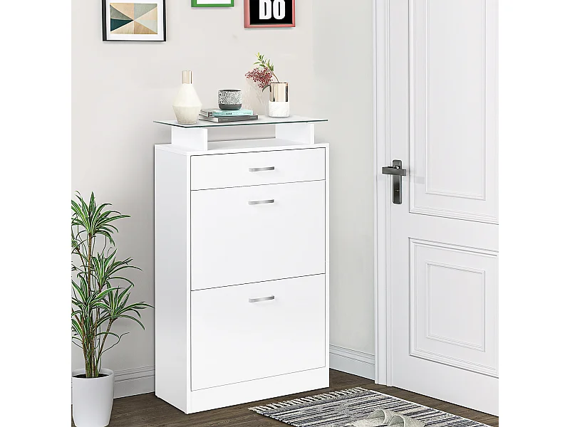 Mobile scarpiera in legno bianco con 2 ante cassetto e ripiano