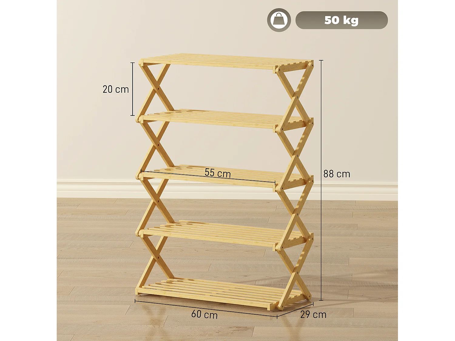 Scarpiera ingresso pieghevole a 5 livelli in bambù pronto all'uso