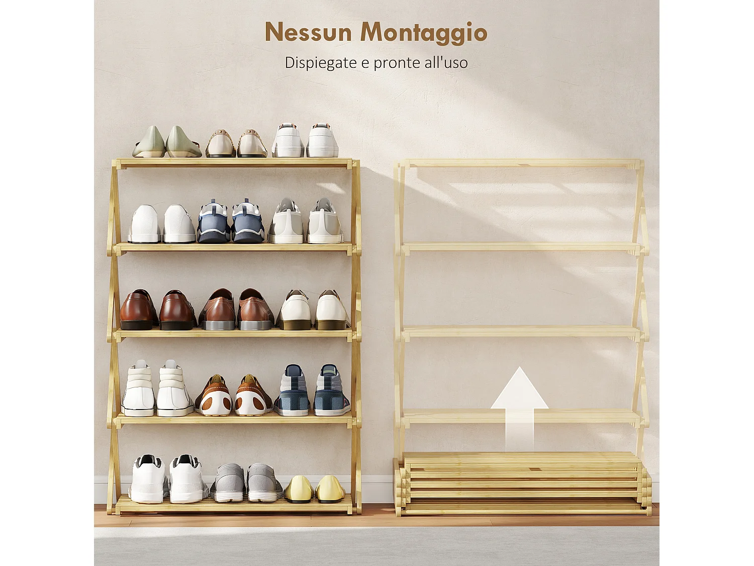 Scarpiera ingresso pieghevole a 5 livelli in bambù pronto all'uso
