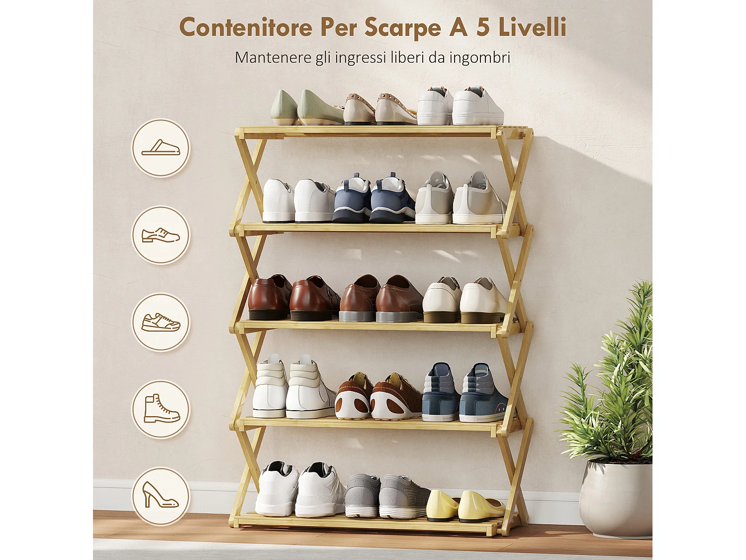 Scarpiera ingresso pieghevole a 5 livelli in bambù pronto all'uso
