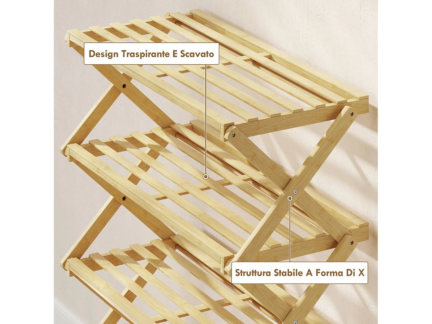 Scarpiera ingresso pieghevole a 5 livelli in bambù pronto all'uso
