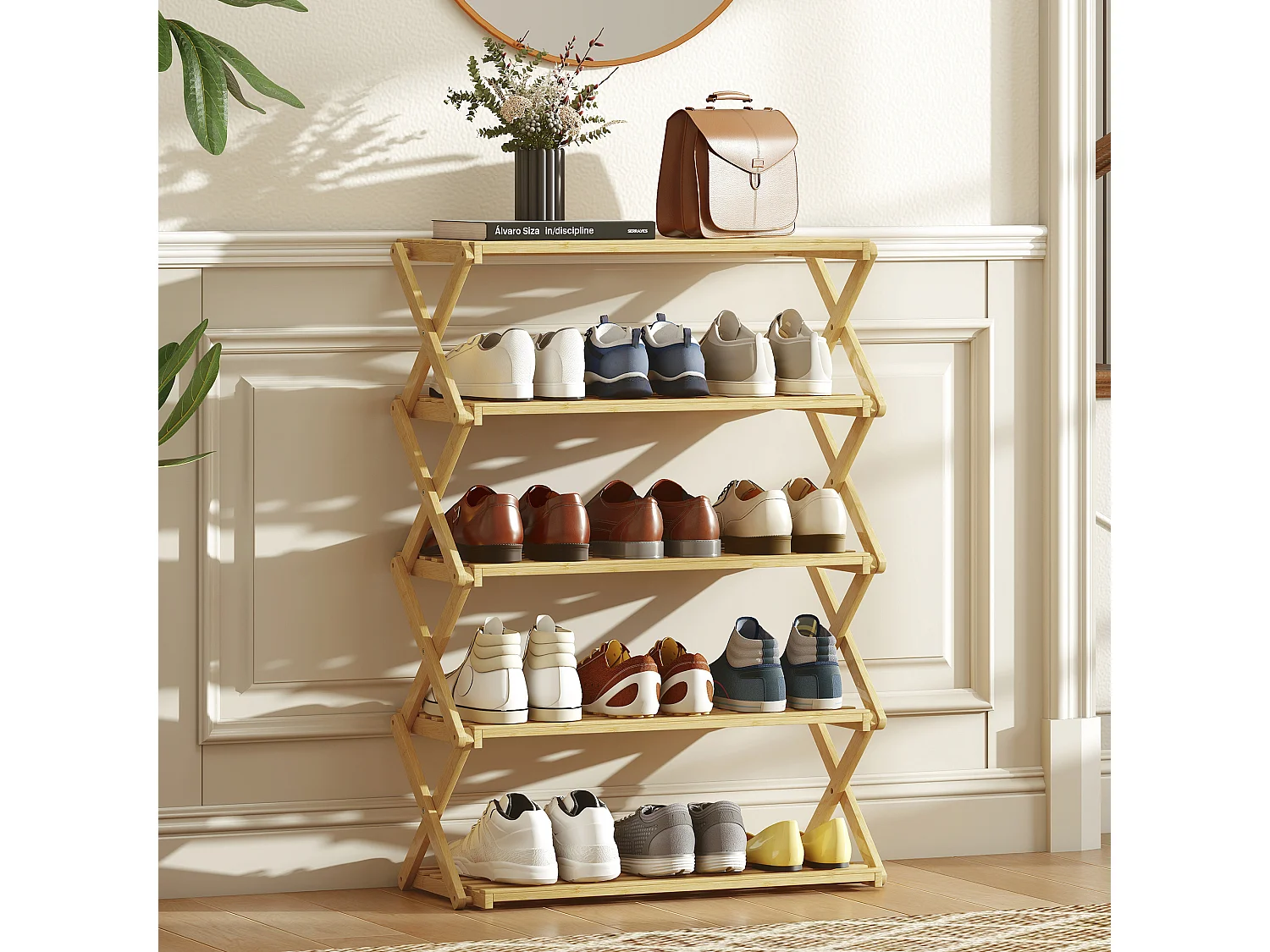 Scarpiera ingresso pieghevole a 5 livelli in bambù pronto all'uso