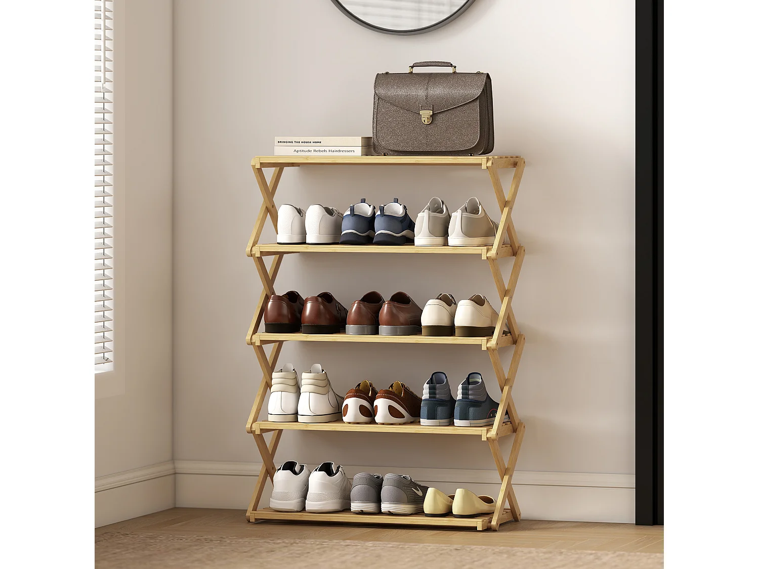 Scarpiera ingresso pieghevole a 5 livelli in bambù pronto all'uso