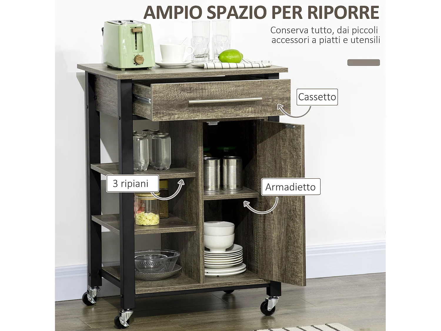Carrello da cucina portavivande con cassetto mensole armadietto e 4 ruote