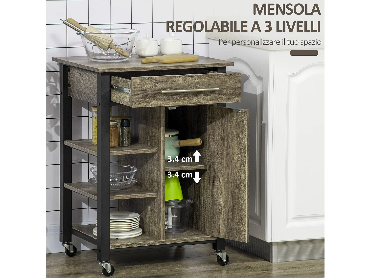 Carrello da cucina portavivande con cassetto mensole armadietto e 4 ruote