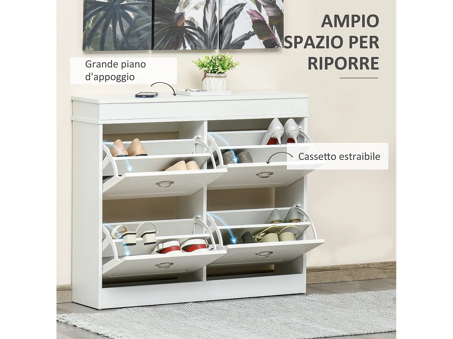 Scarpiera salvaspazio 4 cassetti con mensola regolabile bianco