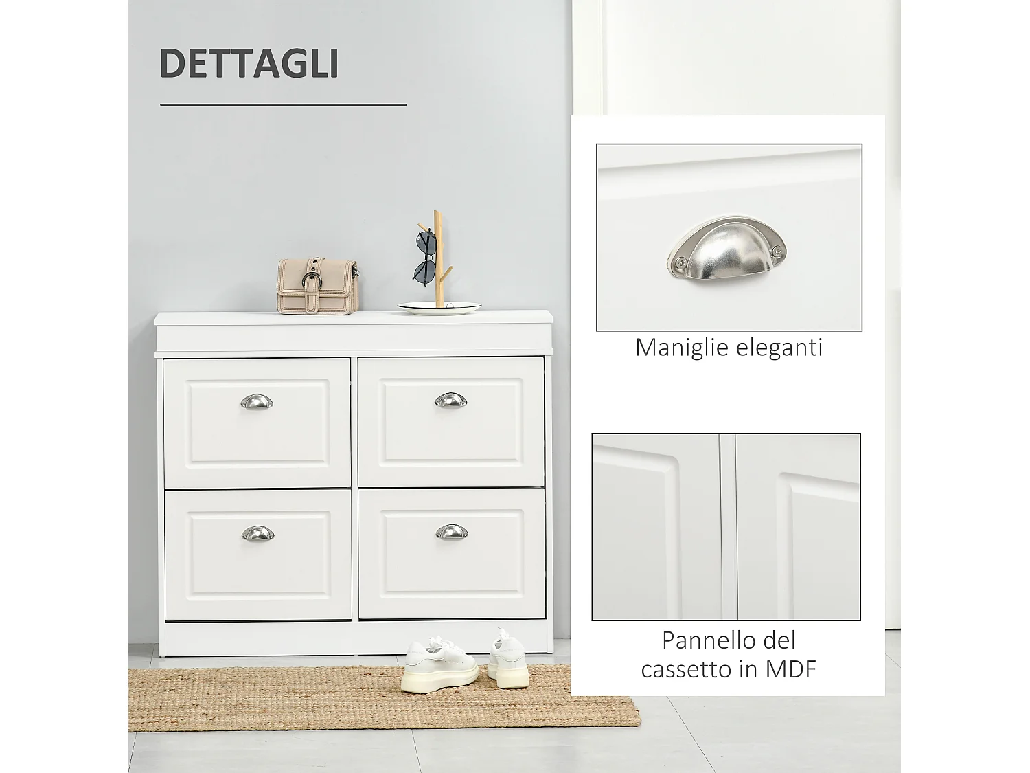 Scarpiera salvaspazio 4 cassetti con mensola regolabile bianco