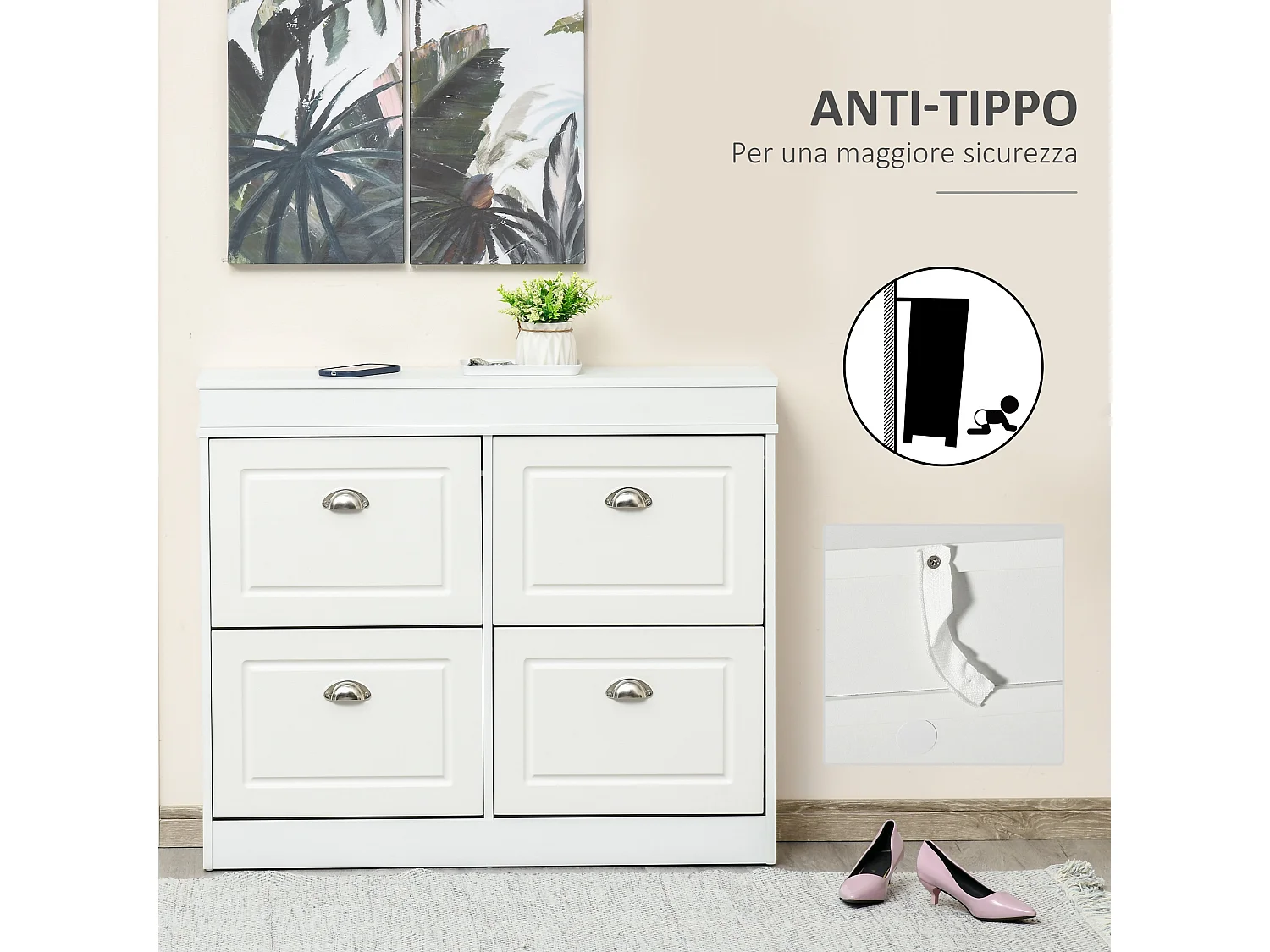 Scarpiera salvaspazio 4 cassetti con mensola regolabile bianco