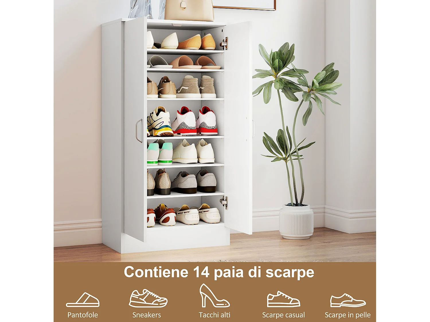 Scarpiera ingresso con 2 ante scarpiera armadio multiuso a 6 ripiani regolabili in legno