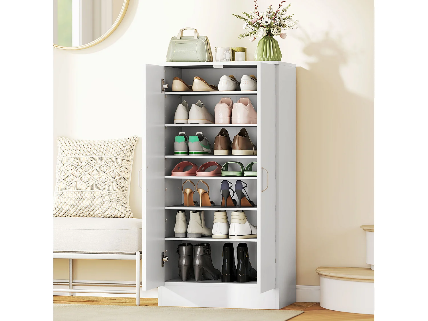 Scarpiera ingresso con 2 ante scarpiera armadio multiuso a 6 ripiani regolabili in legno