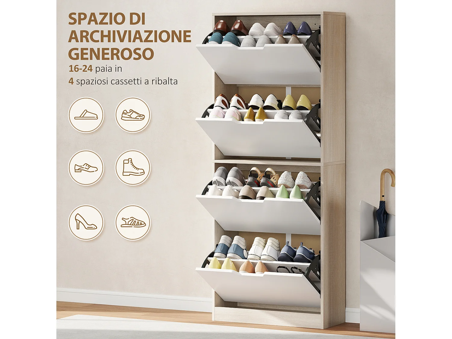 Scarpiera salvaspazio slim con 4 ante a ribalta scarpiera ingresso con ripiani regolabili