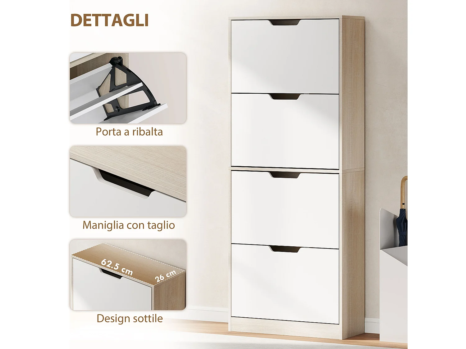 Scarpiera salvaspazio slim con 4 ante a ribalta scarpiera ingresso con ripiani regolabili