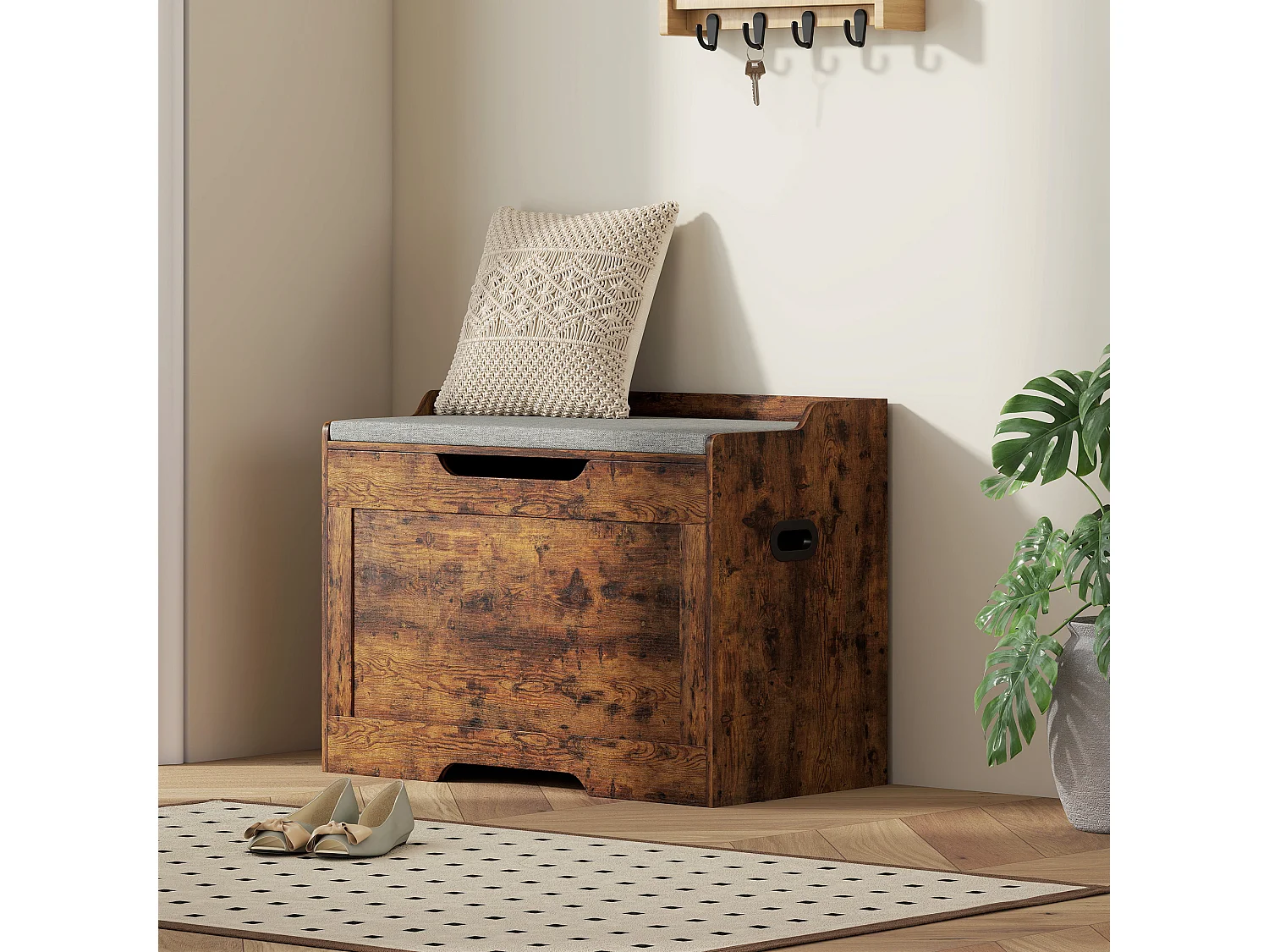 Panca contenitore da 103l e cuscino in tessuto 75x40x56 cm color legno