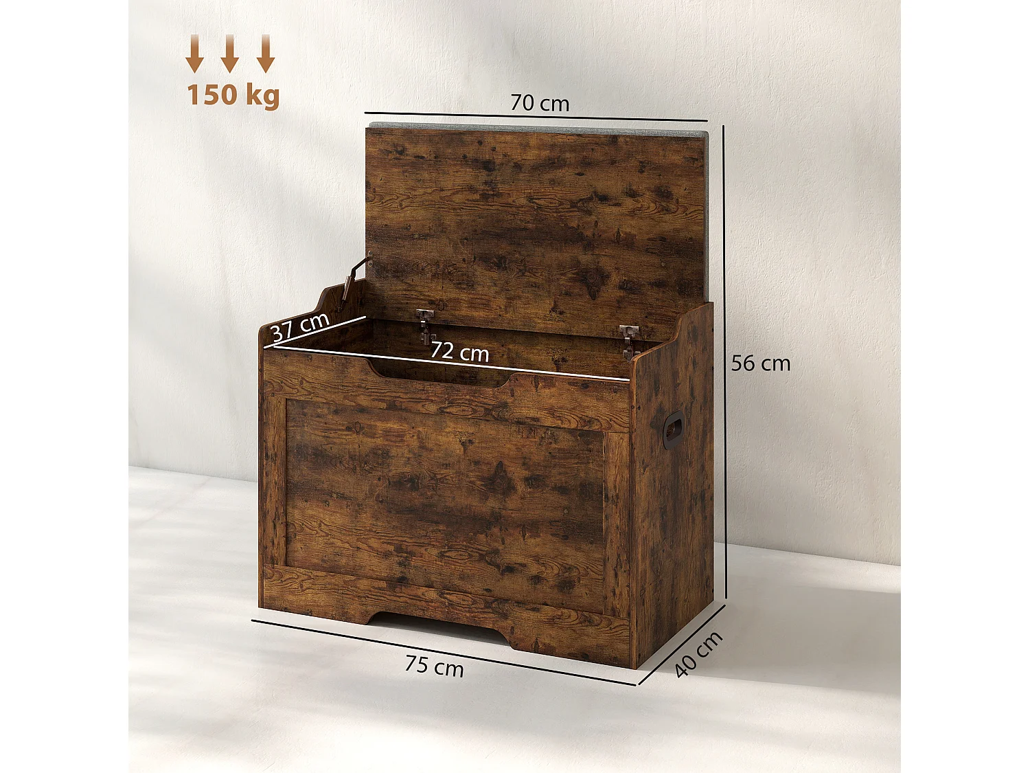 Panca contenitore da 103l e cuscino in tessuto 75x40x56 cm color legno