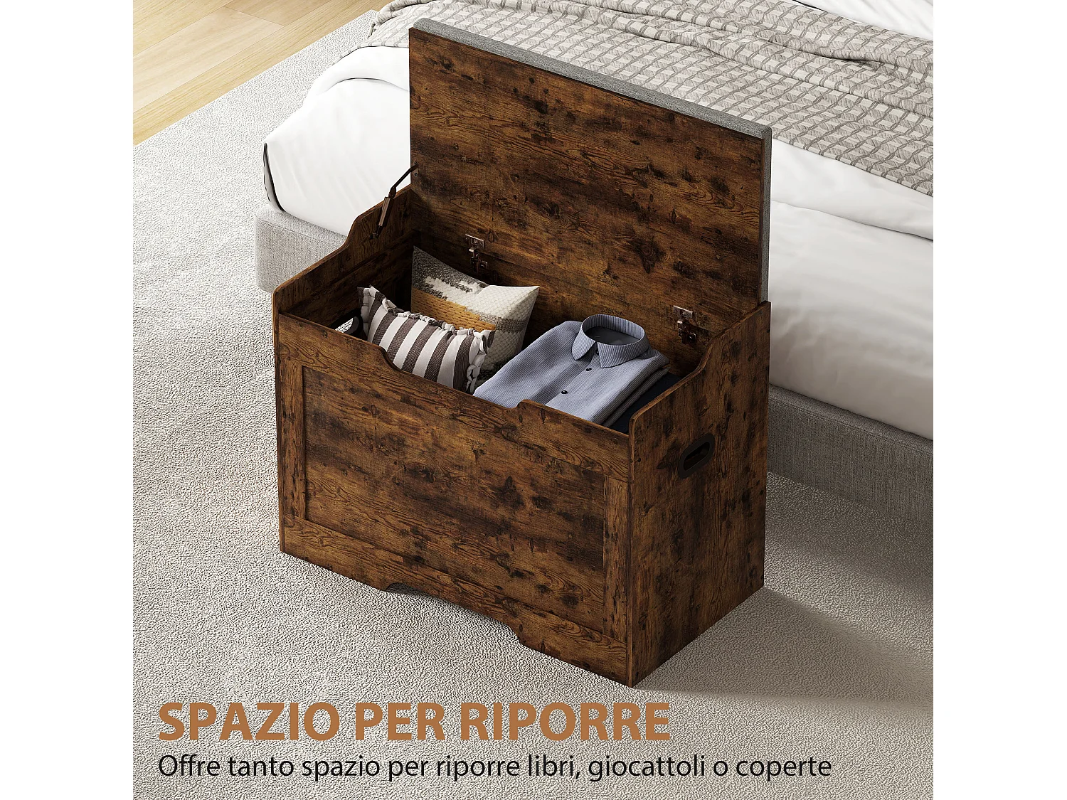 Panca contenitore da 103l e cuscino in tessuto 75x40x56 cm color legno