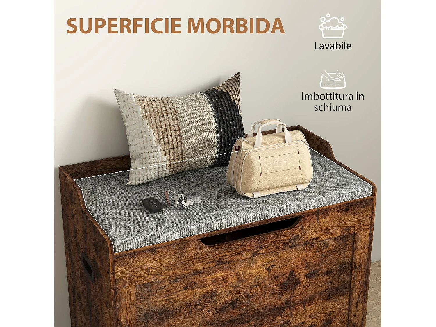 Panca contenitore da 103l e cuscino in tessuto 75x40x56 cm color legno