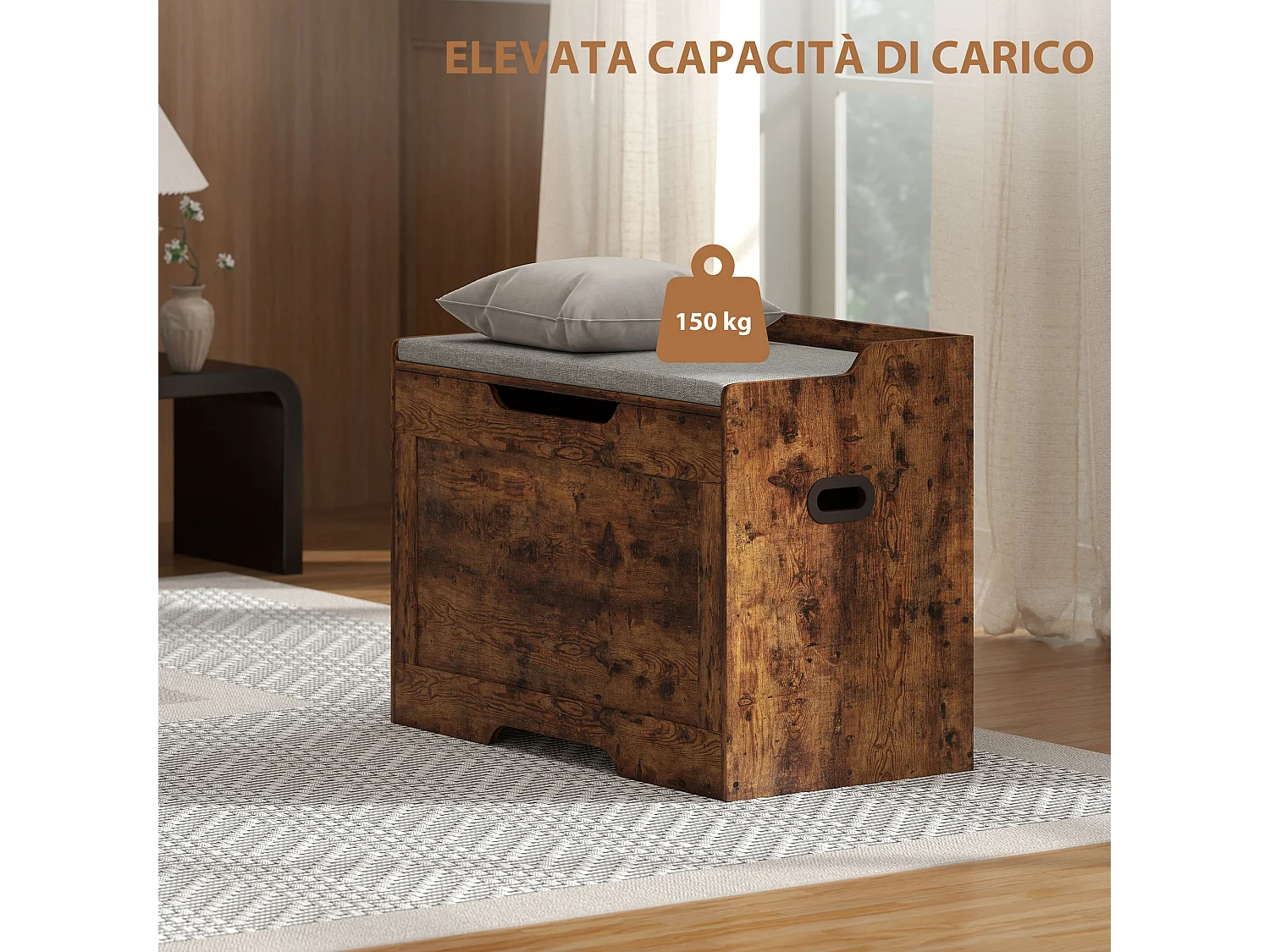 Panca contenitore da 103l e cuscino in tessuto 75x40x56 cm color legno