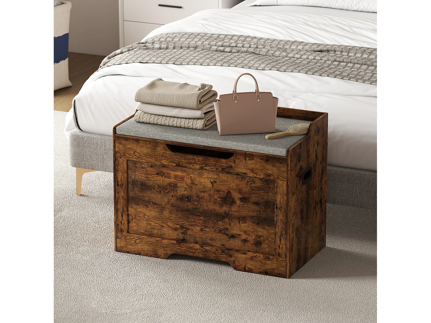 Panca contenitore da 103l e cuscino in tessuto 75x40x56 cm color legno