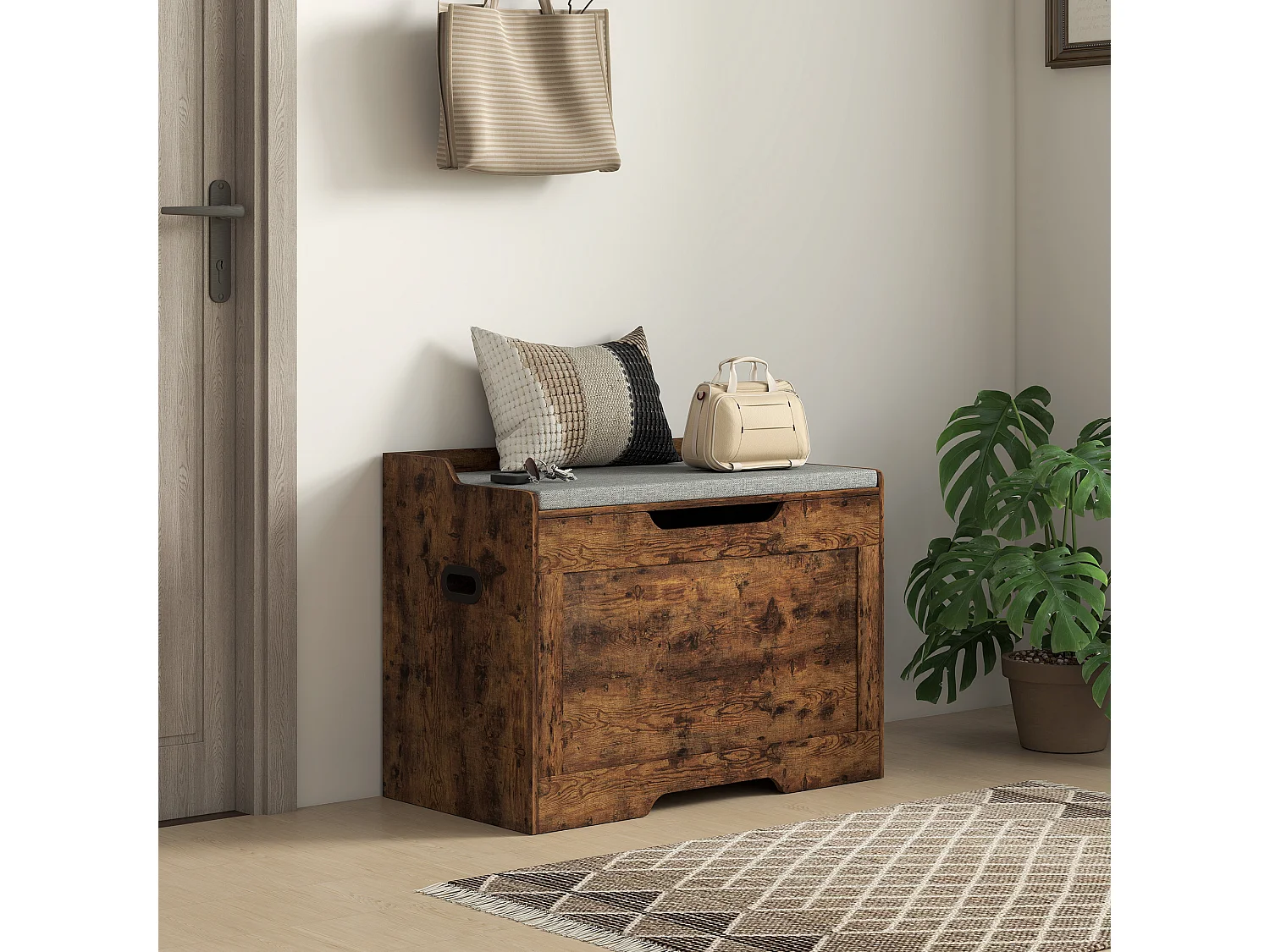 Panca contenitore da 103l e cuscino in tessuto 75x40x56 cm color legno