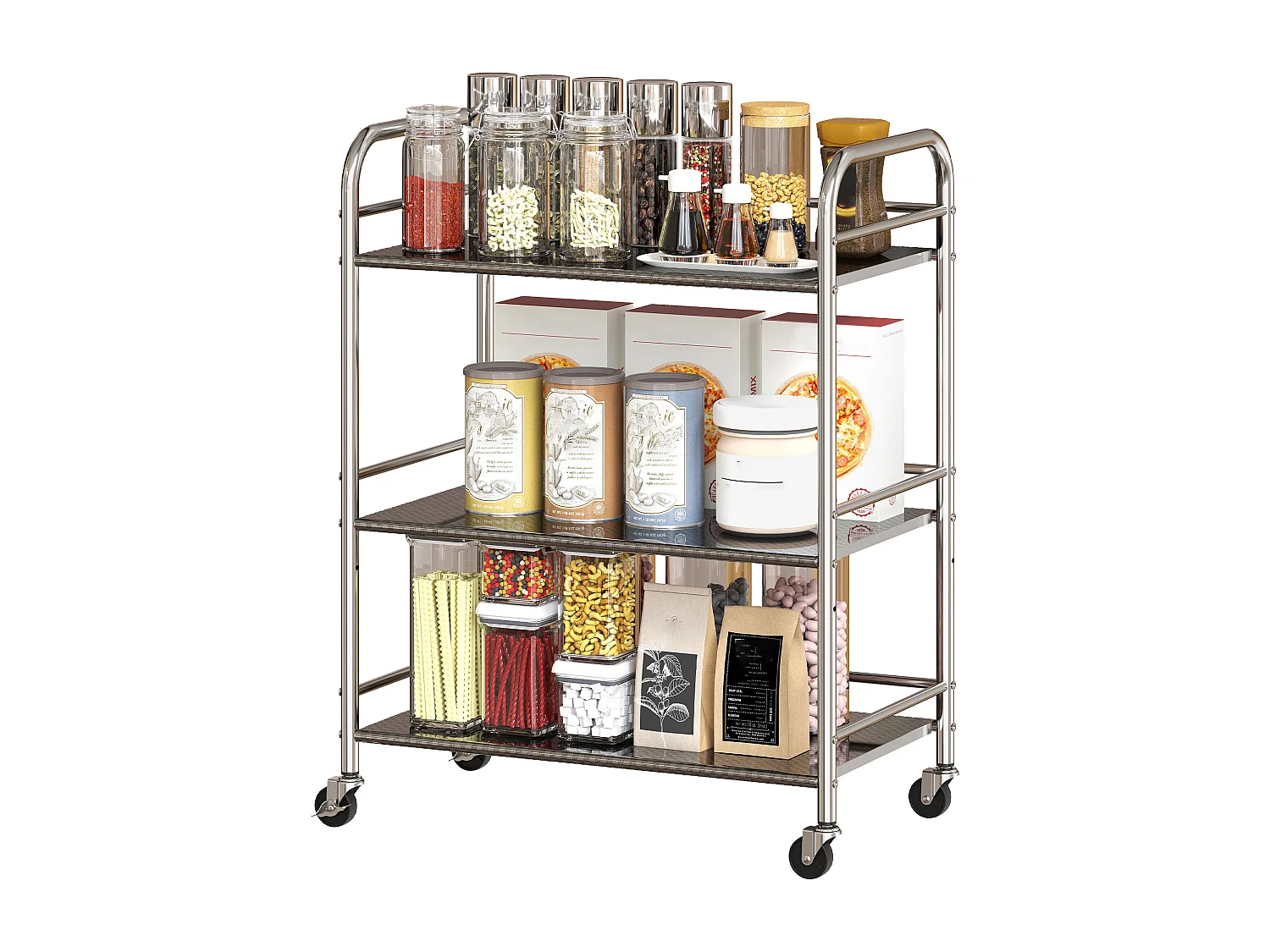 Carrello da cucina a 3 livelli con ripiano centrale regolabile e bordi rialzati