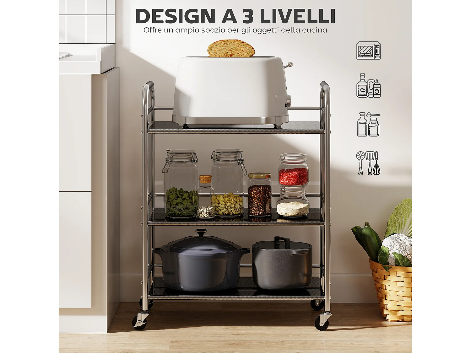 Carrello da cucina a 3 livelli con ripiano centrale regolabile e bordi rialzati