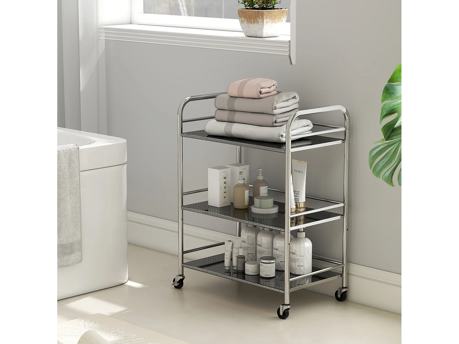 Carrello da cucina a 3 livelli con ripiano centrale regolabile e bordi rialzati